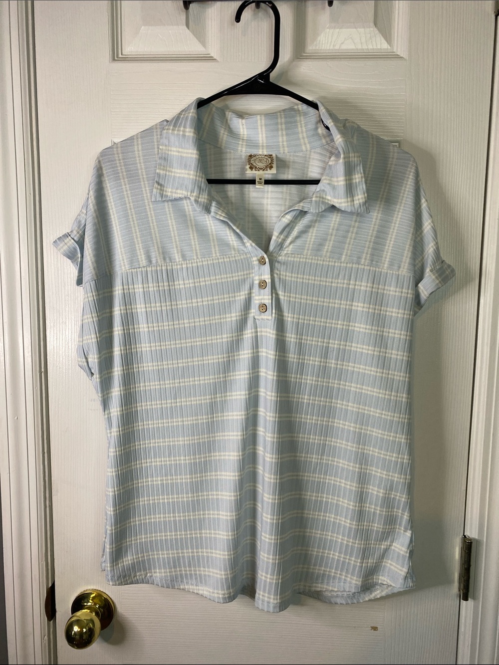 Trueself Light Blue Striped Polo Shirt - Casual Women's Top Size Medium.